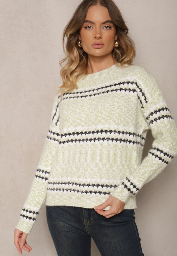 Renee - Jasnozielony Sweter z Bawełną w Paski Siadora. Okazja: na spotkanie biznesowe. Kolor: zielony. Materiał: bawełna. Wzór: paski. Styl: biznesowy, elegancki