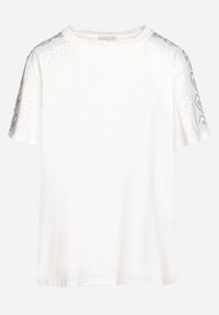 Born2be - Biały Klasyczny T-shirt z Bawełny Ozdobiony Cyrkoniami na Rękawach Kalflea. Okazja: na co dzień. Kolor: biały. Materiał: bawełna. Wzór: aplikacja. Styl: klasyczny