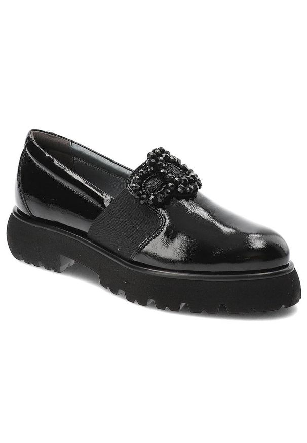 Czarne Mokasyny Armodo Eleganckie Buty Damskie. Okazja: na co dzień. Kolor: czarny. Materiał: lakier. Wzór: aplikacja. Styl: elegancki