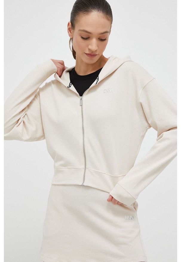 DKNY - Dkny bluza damska kolor beżowy z kapturem gładka. Typ kołnierza: kaptur. Kolor: beżowy. Wzór: gładki