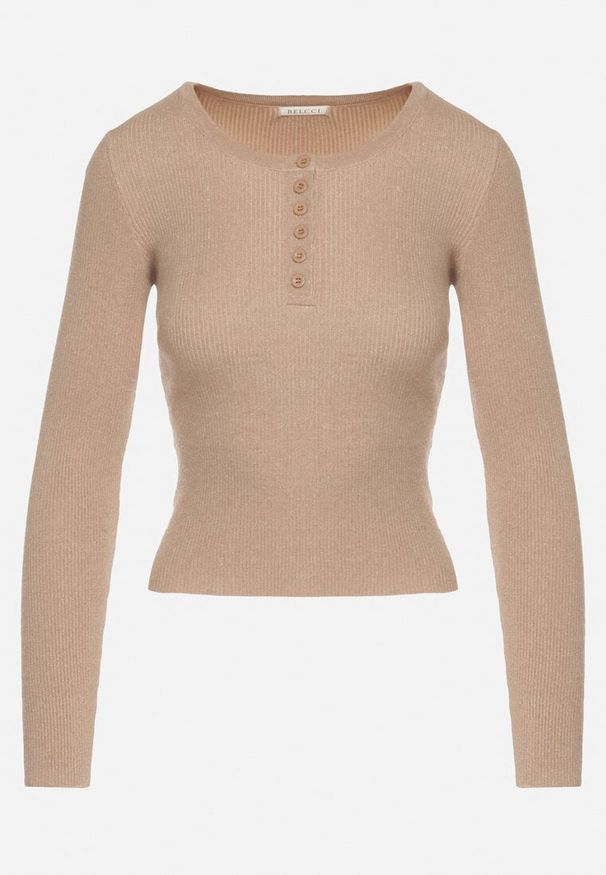 Born2be - Beżowy Sweter z Wiskozą Zdobiony Metaliczną Nicią i Guzikami przy Dekolcie Lianola. Okazja: na co dzień. Kolor: beżowy. Materiał: wiskoza. Wzór: aplikacja. Styl: casual