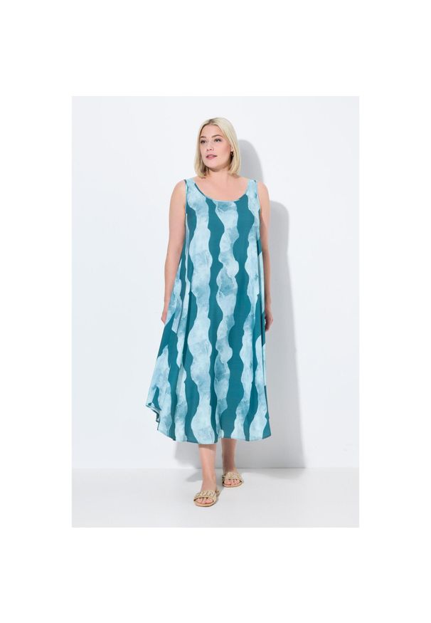 ULLA POPKEN - Damskie Sukienka wzór w fale trapezowy krój okrągły dekolt bez rękawów. Kolekcja: plus size. Kolor: zielony. Materiał: wiskoza, materiał. Długość rękawa: bez rękawów. Typ sukienki: trapezowe. Styl: sportowy