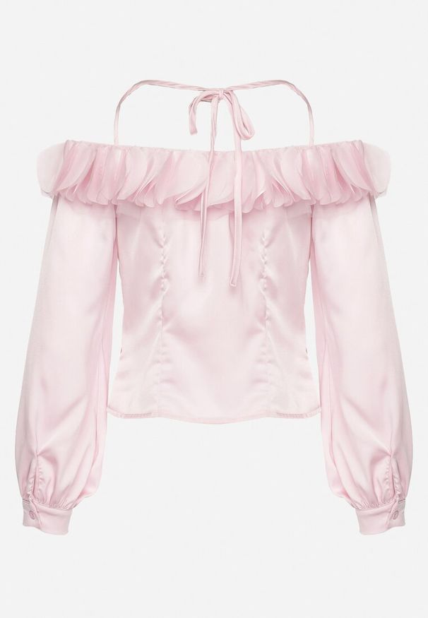 Born2be - Jasnoróżowa Koszula Hiszpanka z Falbanką i Wiązaniem Inace. Okazja: do pracy. Typ kołnierza: dekolt hiszpanka. Kolor: różowy. Styl: elegancki