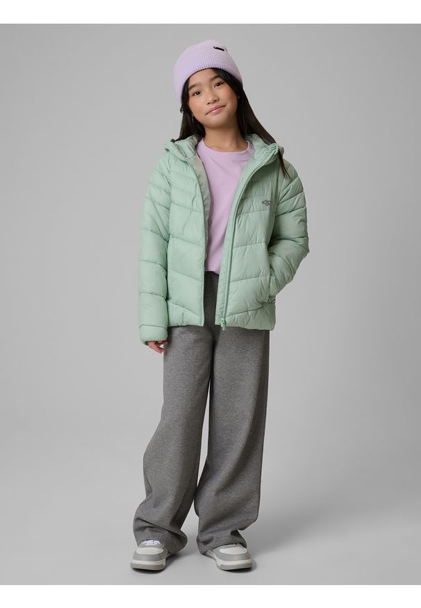 4f - 4F Kurtka z wypełnieniem syntetycznym dziewczęca - miętowa 122 (6-7 lat). Okazja: na spacer, na co dzień, na uczelnię. Kolor: turkusowy. Materiał: syntetyk. Wzór: gładki. Sezon: lato. Styl: casual