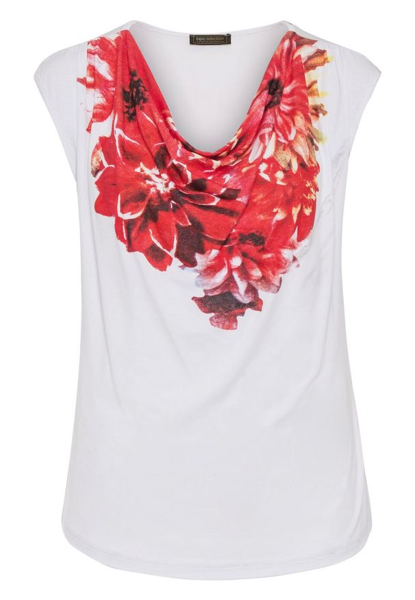 Shirt z dekoltem "wodą" bonprix biało-czerwono-brązowy w kwiatowy wzór. Typ kołnierza: dekolt woda. Kolor: biały. Wzór: kwiaty
