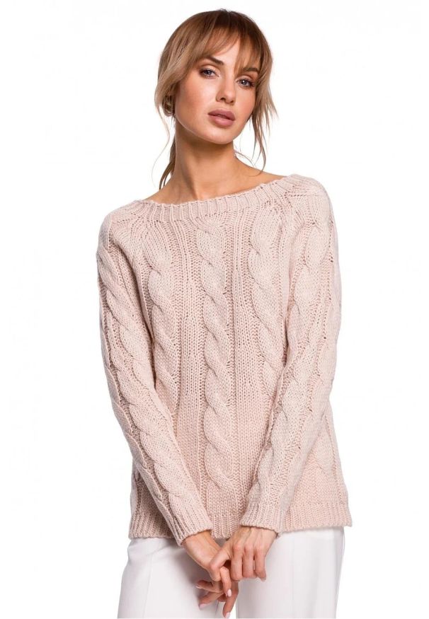 Polskie swetry - Sweter damski ze splotem typu warkocz pudrowy róż. Okazja: na co dzień, na randkę, do pracy. Kolor: różowy. Materiał: dzianina, poliamid, akryl. Wzór: ze splotem. Styl: casual, elegancki