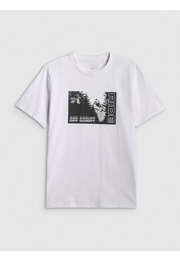 4f - 4F T-shirt relaxed z nadrukiem męski - biały S. Okazja: na co dzień. Kolor: biały. Materiał: dzianina, materiał, dresówka, bawełna, jeans. Wzór: nadruk. Styl: casual, klasyczny