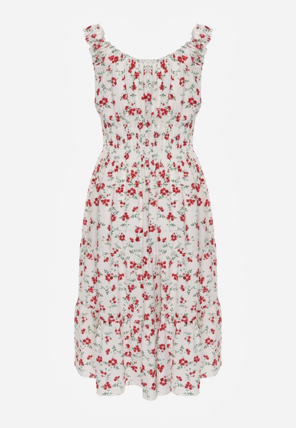 Renee - Biało-Czerwona Rozkloszowana Sukienka na Ramiączkach w Kwiatowy Print Xallio. Okazja: na spacer, na plażę. Typ kołnierza: dekolt kwadratowy. Kolor: biały. Materiał: jeans. Długość rękawa: na ramiączkach. Wzór: nadruk, kwiaty. Sezon: lato