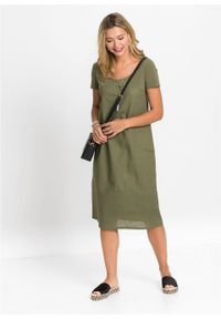 Sukienka lniana bonprix oliwkowy. Kolor: zielony. Materiał: len #5