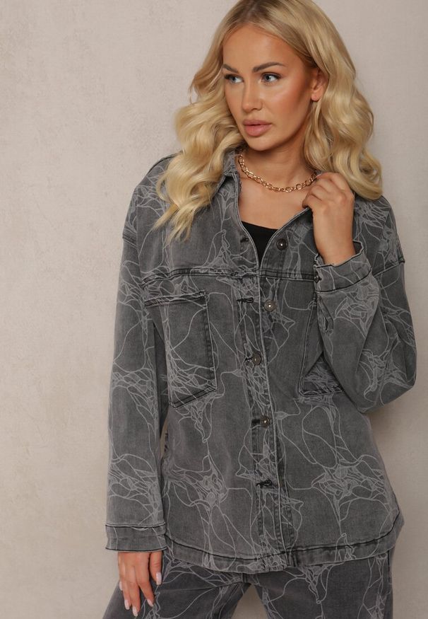 Renee - Ciemnoszara Jeansowa Kurtka w Marmurkowy Wzór Neirana. Kolor: szary. Materiał: jeans
