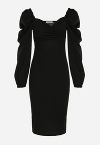 Born2be - Czarna Sukienka Midi z Kopertową Górą i Bufiastymi Rękawami Ozdobiona Marszczeniami Azurma. Okazja: na co dzień. Kolor: czarny. Wzór: aplikacja. Typ sukienki: kopertowe. Styl: casual. Długość: midi #7