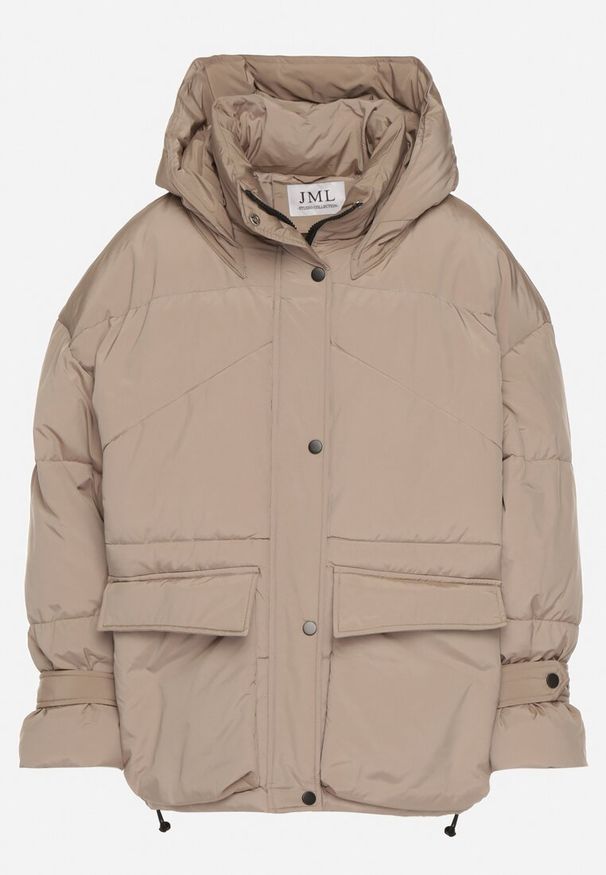 Born2be - Beżowa Pikowana Kurtka Oversize z Kapturem i Paskami przy Rękawach Unitessa. Okazja: na spacer, na co dzień. Typ kołnierza: kaptur. Kolor: beżowy. Materiał: jeans. Wzór: paski. Styl: casual