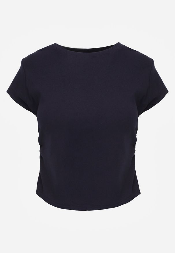 Born2be - Granatowy Bawełniany T-shirt w Prążki o Dopasowanym Kroju z Marszczeniem Cherita. Okazja: na co dzień. Kolor: niebieski. Materiał: bawełna. Wzór: prążki. Styl: casual, sportowy