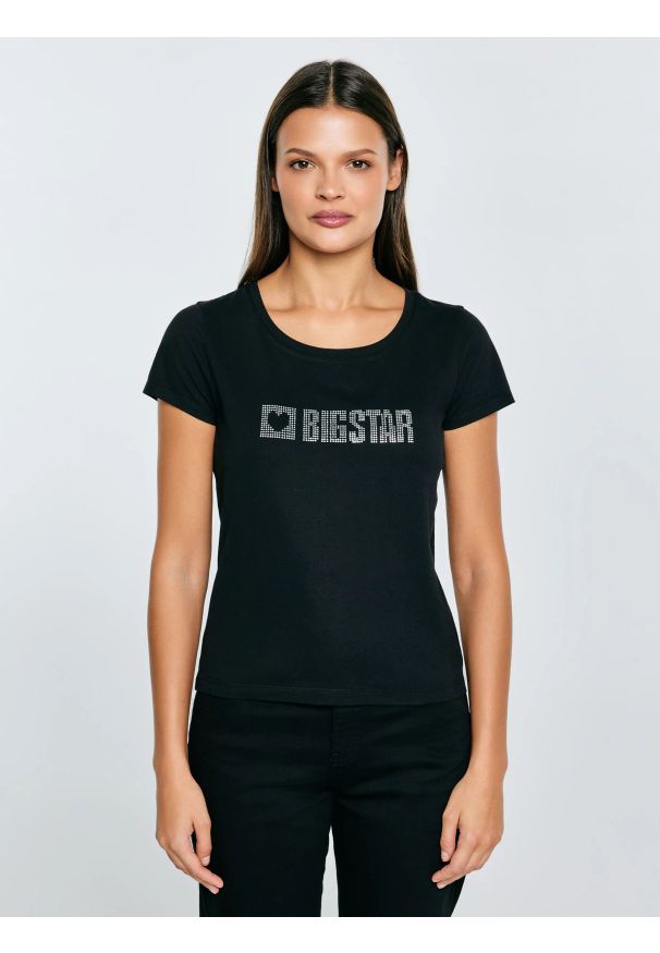 Big-Star - Koszulka damska z logo BIG STAR z cyrkonii czarna Avra 906. Kolor: czarny