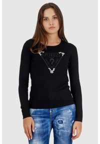 Guess - GUESS Czarny sweterek damski z wyszywanym logo. Kolor: czarny. Materiał: prążkowany