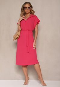 Renee - Różowa Pudełkowa Sukienka z Bawełną i Paskiem Savorienne. Okazja: na co dzień. Kolor: czerwony. Materiał: bawełna. Styl: casual, elegancki #4