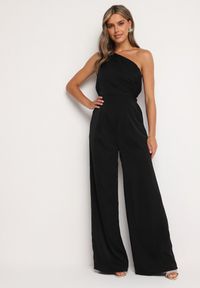 Born2be - Czarny Kombinezon Asymetryczny na Jedno Ramię z Dwoma Kieszeniami Benama. Okazja: na wesele, na randkę, na ślub cywilny, na imprezę. Kolor: czarny #1