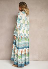 Renee - Jasnoniebieska Sukienka z Wiskozy Rozkloszowana w Print Boho Aedia. Okazja: na co dzień. Typ kołnierza: dekolt w serek. Kolor: niebieski. Materiał: wiskoza. Wzór: nadruk. Styl: boho