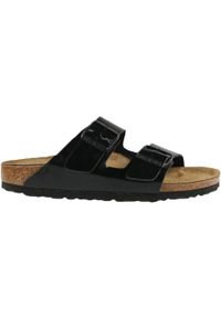 Klapki damskie Birkenstock Arizona Patent. Zapięcie: bez zapięcia. Kolor: czarny. Materiał: syntetyk, materiał. Sport: turystyka piesza