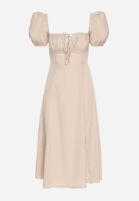 Born2be - Beżowa Sukienka w Rustykalnym Stylu z Wiązaniem przy Dekolcie i Rozcięciem Idanillea. Okazja: na co dzień, na spacer. Typ kołnierza: dekolt kwadratowy. Kolor: beżowy. Typ sukienki: rozkloszowane. Styl: casual #6