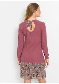 Sukienka dzianinowa ze spódniczką z tkaniny bonprix kremowy jeżynowy - beżowo-jasnoróżowy w kwiaty. Kolor: fioletowy. Materiał: tkanina, dzianina. Wzór: kwiaty #7
