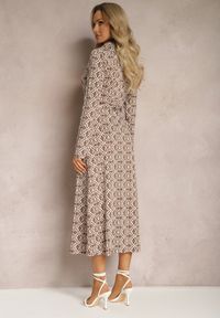 Renee - Beżowa Koszulowa Sukienka Ozdobiona Mozaikowym Wzorem Wiązana w Talii Liveres. Kolor: beżowy. Wzór: aplikacja. Typ sukienki: koszulowe. Długość: midi #3