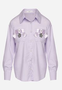 Born2be - Fioletowa Koszula na Biżuteryjne Guziki ze Zdobionymi Kieszeniami Nerlla. Kolor: fioletowy. Wzór: aplikacja. Styl: klasyczny