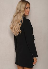 Renee - Czarna Marynarka Sukienka z Aplikacjami 3D w Kształcie Kwiatów i Zapięciem na Guziki Lorira. Kolor: czarny. Wzór: aplikacja, kwiaty. Styl: klasyczny