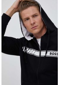 BOSS bluza bawełniana męska kolor czarny z kapturem z nadrukiem. Typ kołnierza: kaptur. Kolor: czarny. Materiał: bawełna. Długość rękawa: raglanowy rękaw. Wzór: nadruk #5