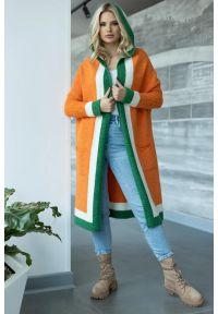 Sukienki.shop - Elegancki długi sweter kardigan z kapturem pomarańczowy. Typ kołnierza: kaptur. Kolor: pomarańczowy. Materiał: wełna. Długość: długie. Styl: elegancki #1