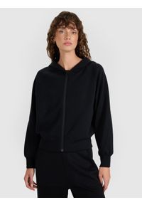 4f - 4F Bluza dresowa rozpinana z modalem damska - czarna S. Okazja: na co dzień. Typ kołnierza: kaptur. Kolor: czarny. Materiał: dresówka. Długość rękawa: raglanowy rękaw. Wzór: gładki, ze splotem. Styl: sportowy, casual. Sport: fitness