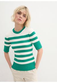 bonprix - Sweter w paski, krótki rękaw. Kolor: zielony. Długość rękawa: krótki rękaw. Długość: krótkie. Wzór: paski