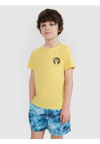 4f - 4F T-shirt regular z nadrukiem chłopięcy - żółty 146 (10-11 lat). Okazja: na co dzień. Kolor: żółty. Materiał: bawełna, jersey, dzianina. Długość rękawa: krótki rękaw. Długość: krótkie. Wzór: nadruk. Sezon: lato. Styl: sportowy, klasyczny, casual