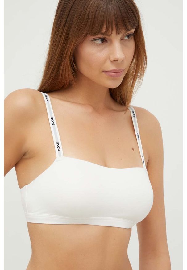 BOSS biustonosz kolor beżowy gładki. Kolor: beżowy. Materiał: materiał, wiskoza. Rodzaj stanika: odpinane ramiączka. Wzór: gładki