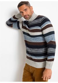 Sweter z golfem z domieszką wełny bonprix niebiesko-brązowo-beżowy w paski. Typ kołnierza: golf. Kolor: niebieski. Materiał: wełna, materiał, akryl. Wzór: paski #4