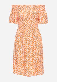 Born2be - Pomarańczowa Wiskozowa Sukienka Mini z Hiszpańskim Dekoltem w Kwiatowy Print Ijorilda. Kolor: pomarańczowy. Materiał: wiskoza. Wzór: nadruk, kwiaty. Sezon: lato. Długość: mini #4