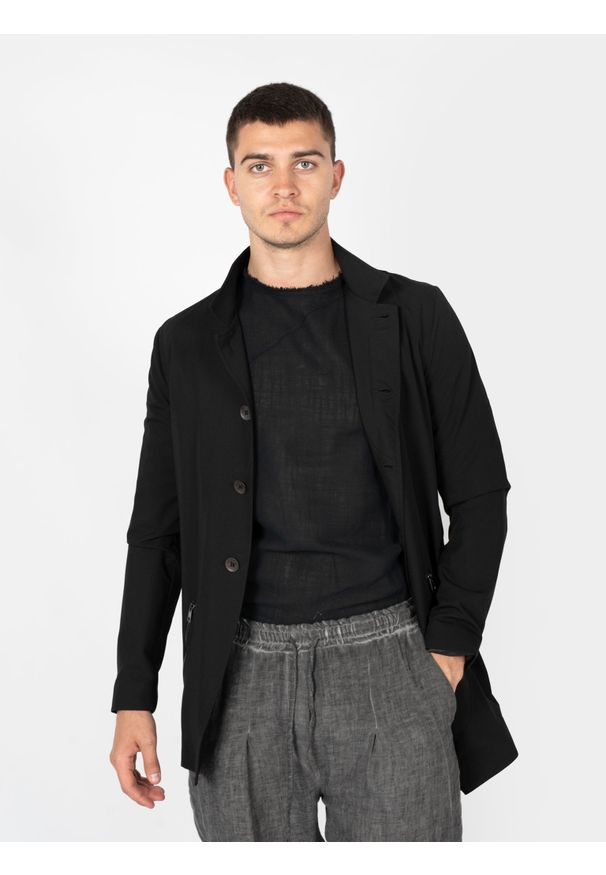 La Haine Inside Us Marynarka "Asymmetric" | 3R LM122 | Mężczyzna | Czarny. Okazja: na co dzień. Typ kołnierza: kołnierzyk stójkowy. Kolor: czarny. Materiał: wiskoza, poliester, elastan. Długość: długie. Styl: elegancki, casual, klasyczny