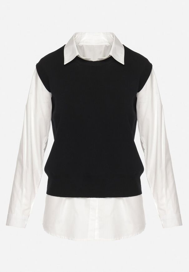 Born2be - Czarna Kamizelka z Prążkowanej Dzianiny z Klasyczną Koszulą Verisande. Okazja: na co dzień. Kolor: czarny. Materiał: prążkowany, dzianina. Styl: klasyczny