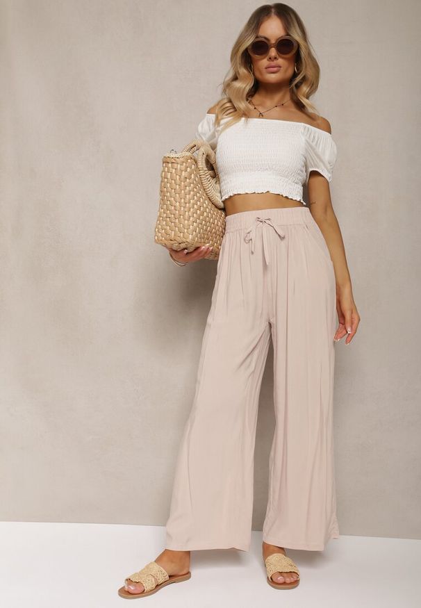 Renee - Jasnobeżowe Bawełniane Spodnie Palazzo High Waist z Gumką w Pasie Gitanea. Okazja: na co dzień. Stan: podwyższony. Kolor: beżowy. Materiał: bawełna. Styl: elegancki, casual