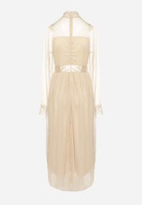 Born2be - Jasnobeżowa Rozkloszowana Sukienka Maxi z Siateczki Ozdobiona Koronką Vireln. Kolor: beżowy. Materiał: koronka. Wzór: koronka, aplikacja. Długość: maxi #4