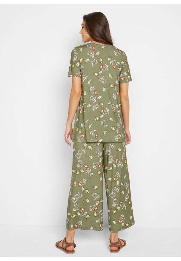 Shirt + spodnie culotte z przyjaznej dla środowiska wiskozy (2 części) bonprix oliwkowy "paisley". Kolor: zielony. Materiał: wiskoza. Wzór: paisley