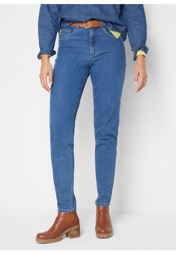 bonprix - Dżinsy Mom ze stretchem, high waist. Stan: podwyższony. Kolor: niebieski