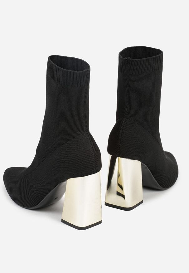 Renee - Czarno-Złote Skarpetkowe Botki VICES na Słupku w Eleganckim Stylu Rarana. Zapięcie: bez zapięcia. Kolor: czarny. Materiał: skóra. Obcas: na słupku. Styl: elegancki. Wysokość obcasa: średni