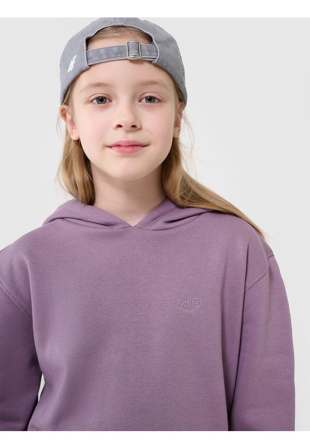 4f - 4F Bluza dresowa nierozpinana z kapturem dziewczęca - fioletowa 158 (12-13 lat). Okazja: na co dzień. Typ kołnierza: kaptur. Kolor: fioletowy. Materiał: dresówka. Wzór: ze splotem, gładki. Sezon: lato. Styl: casual, sportowy
