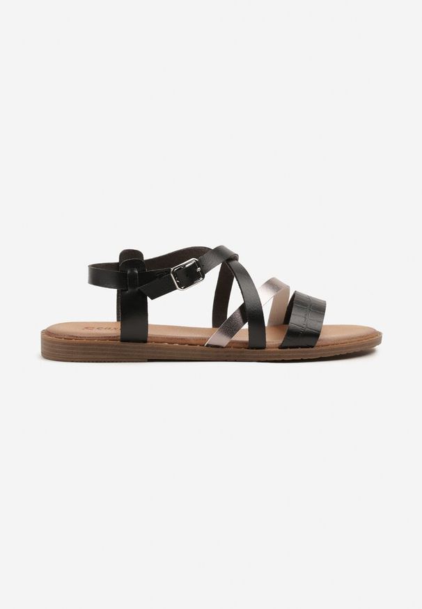 Renee - Czarne Sandały z Ozdobnymi Paskami z Zapięciem na Klamerkę Wiella. Zapięcie: pasek. Kolor: czarny. Materiał: jeans. Obcas: na płaskiej podeszwie. Styl: elegancki