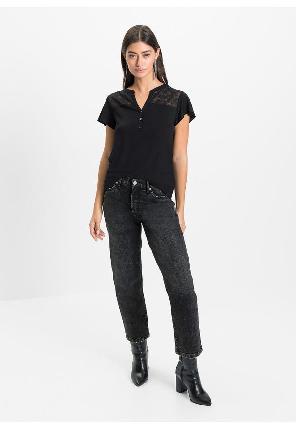 bonprix - Shirt z dekoltem henley i koronką ze zrównoważonej wiskozy. Typ kołnierza: typu henley. Kolor: czarny. Materiał: koronka, wiskoza. Wzór: koronka