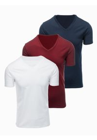 Ombre Clothing - Zestaw męskich koszulek bawełnianych V-neck BASIC – biały/granatowy/bordowy V13 - Rozmiar: L. Okazja: na co dzień, do pracy. Typ kołnierza: dekolt w serek. Kolor: czerwony. Materiał: bawełna. Długość: długie. Wzór: jednolity, gładki. Styl: casual