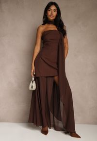 Renee - Brązowa Wieczorowa Sukienka Bandeau z Dodatkowym Szalem Meridvia. Okazja: na wesele, na ślub cywilny, na studniówkę, na imprezę. Kolor: brązowy. Długość rękawa: na ramiączkach. Styl: wizytowy #1