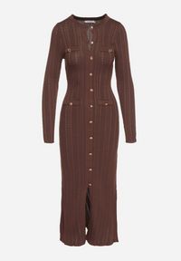 Born2be - Brązowa Sweterkowa Sukienka z Wiskozą Ozdobiona Metalicznymi Guzikami Eldatila. Okazja: na co dzień, na spacer. Kolor: brązowy. Materiał: wiskoza. Wzór: aplikacja. Typ sukienki: proste. Styl: klasyczny, casual #4