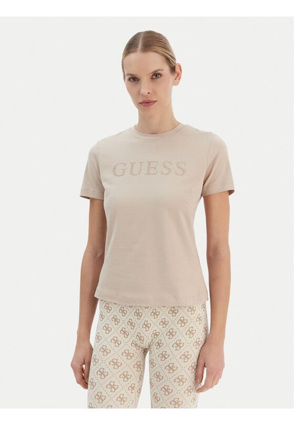 Guess T-Shirt V6RI20 J1314 Beżowy Regular Fit. Kolor: beżowy. Materiał: bawełna